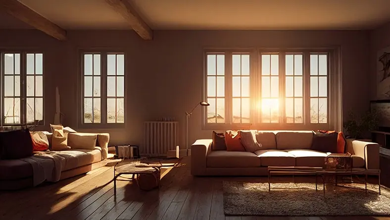 A 3D render of a living room with a cozy vibe and decoration
