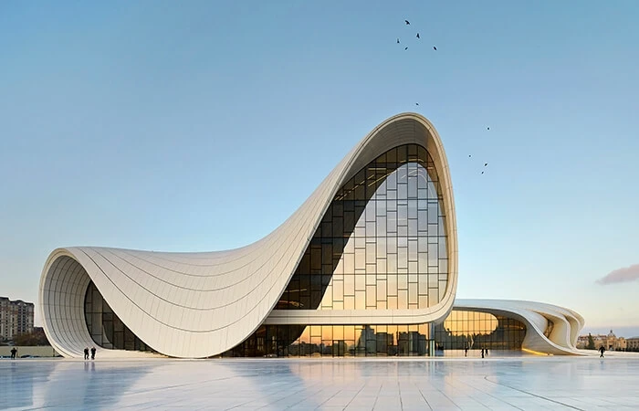 The curved roof and entrace of the Heydar Aliyev Center in Baku, Azerbaijan