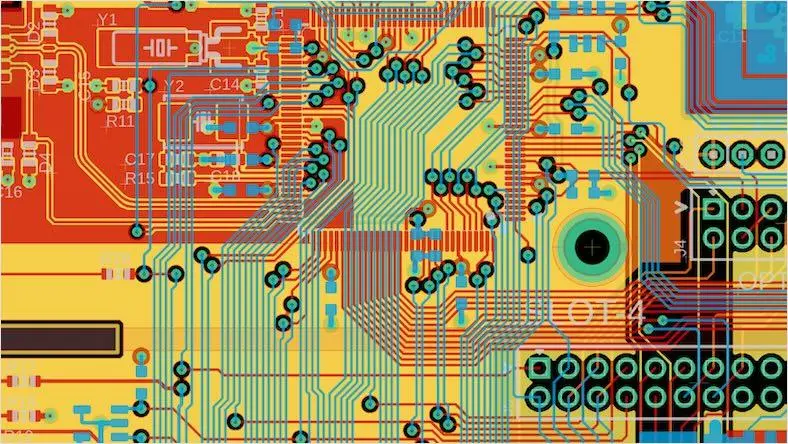 A printed circuit board design in an Autodesk Fusion software window.
