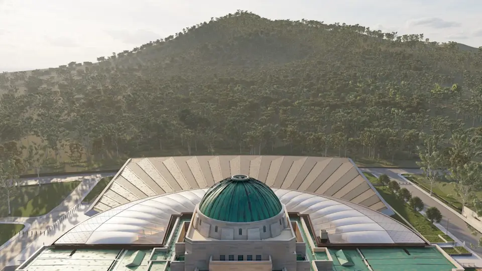 Ribs of the dome radial lines picked up through the atrium and new hall roof