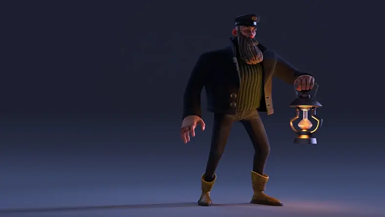An animated man holds a kerosene lamp that casts a soft light around him.