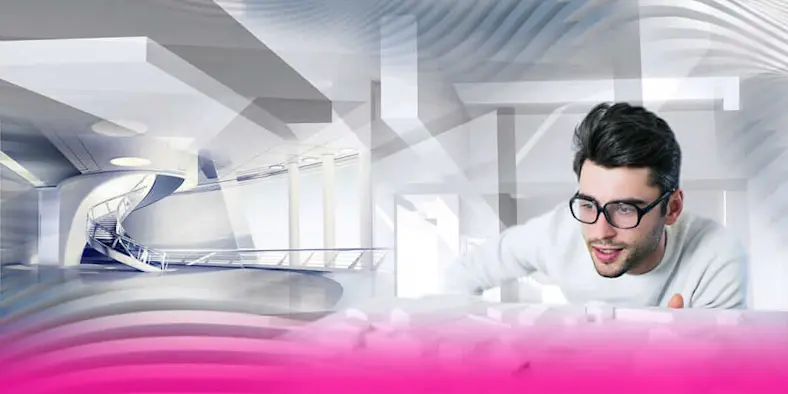 Generative architecture illustration of a man and 3D design visualization