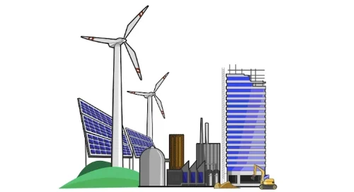 A graphic of solar panels, wind turbines, power plants, and a building with construction equipment.