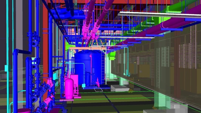 A digital representation of a water treatment room depicts many layered building systems.