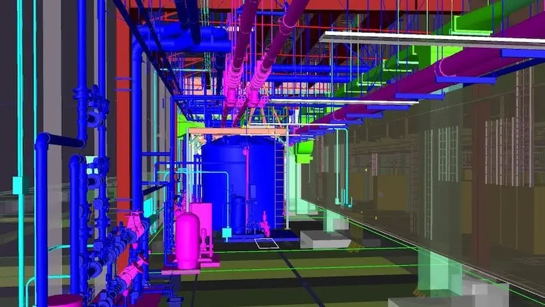 A digital representation of a water treatment room depicts many layered building systems.