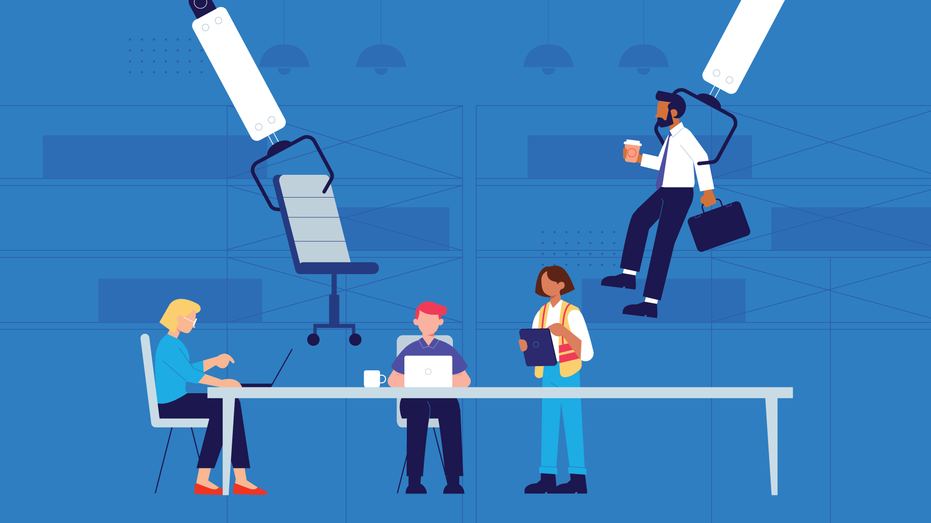 Image of cartoon office workers and robotic arms.