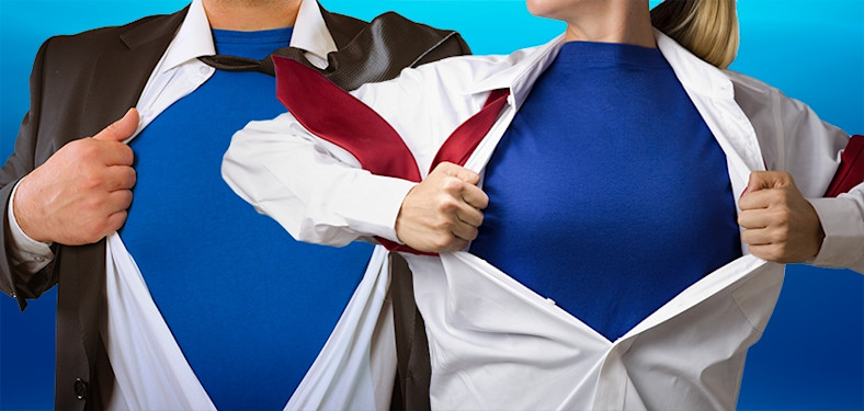 Two workers in suits pull their shirts apart, Superman style.