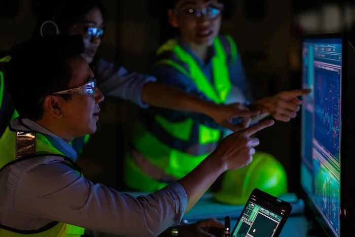 Construction workers assessing digital data in a dark room