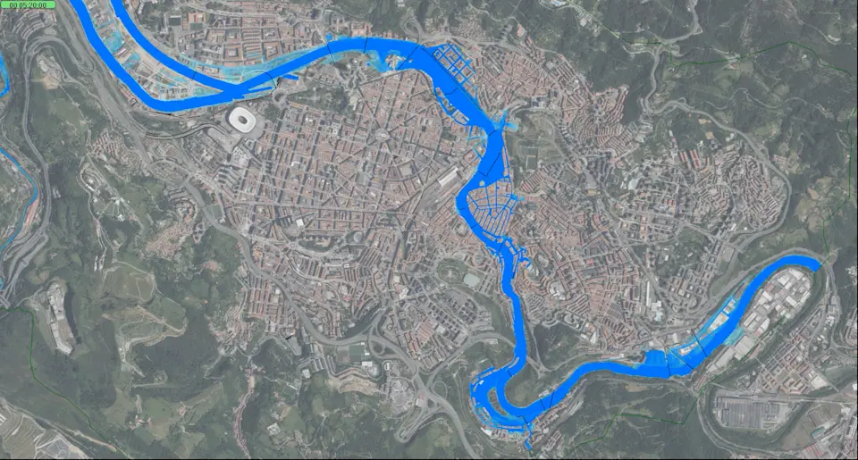 Digital twin output: simulation of water behavior over an orthophoto of Bilbao