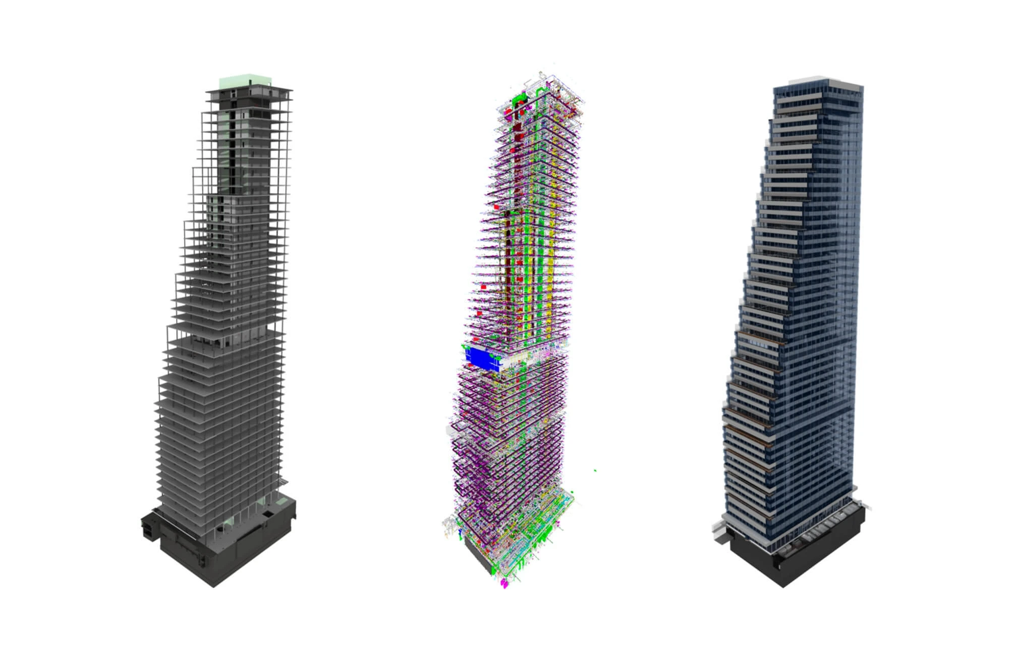 3D views of the three submodels: the structural model (left), the engineering model (center), and the architectural model (right).