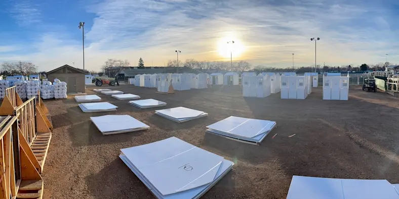 Building components of Pallet Shelters laid out