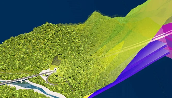 3D model of the Mikusa Tunnel project showing the roadway tunnel entering a mountainous landscape. 