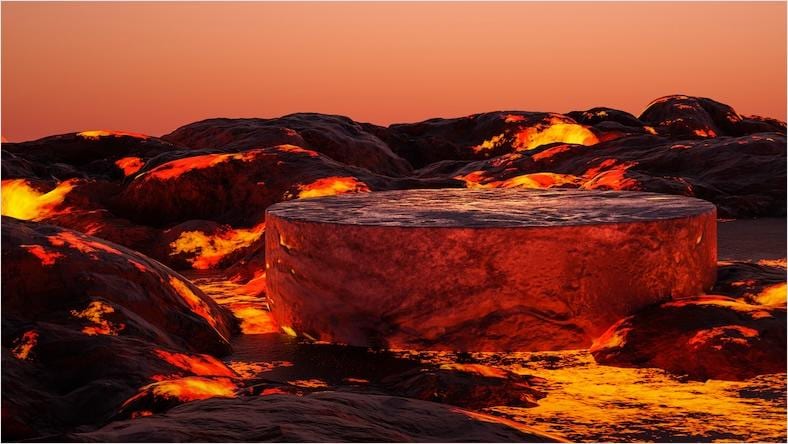 A rendering shows lava flowing around a rock cylinder.