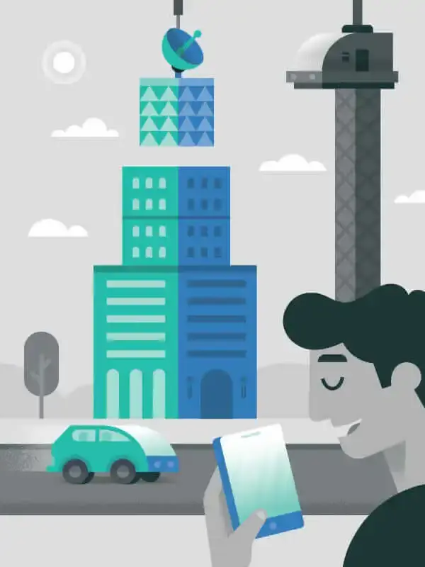 Illustration of man using smartphone on sidewalk in cities of the future