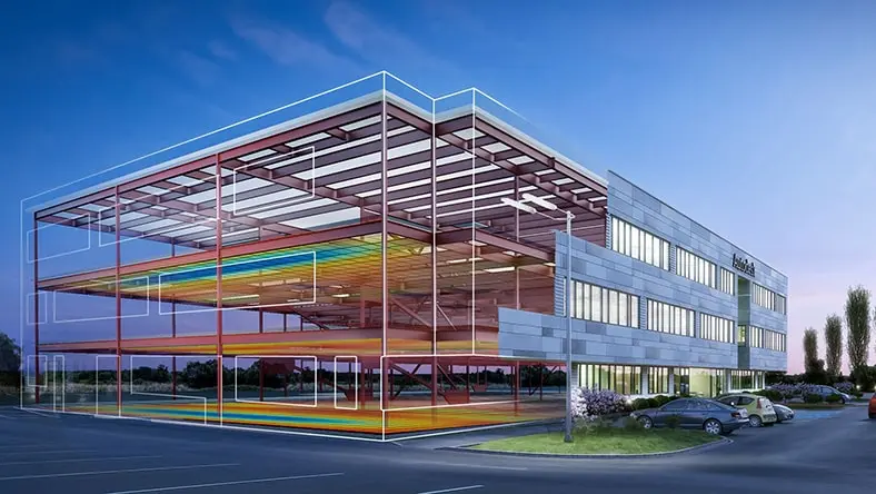 A building model cutaway illustrates energy efficiency.