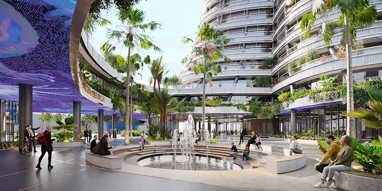 3D rendering of a concept for public square with a fountain and palm trees