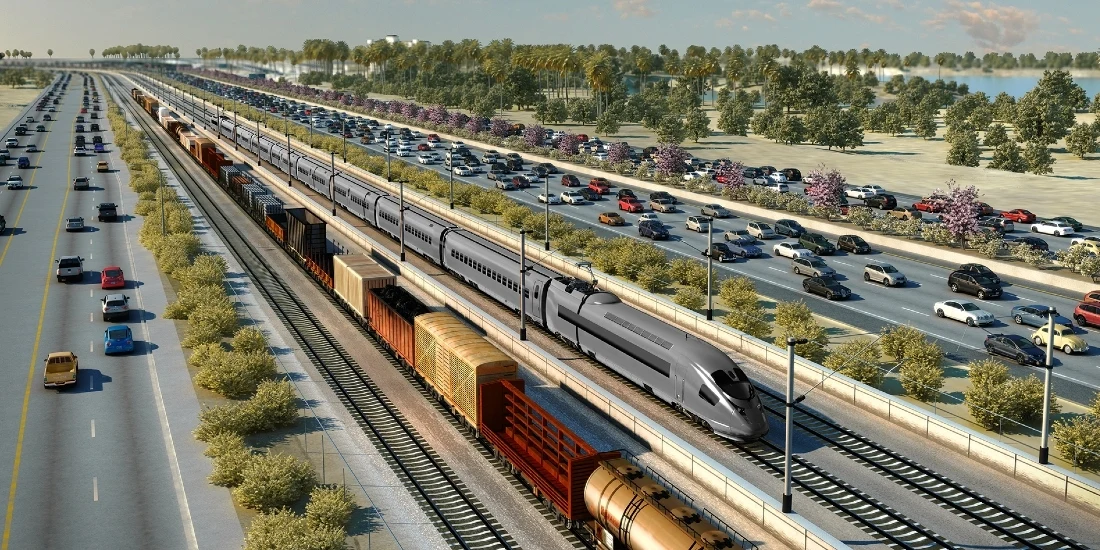 aerial rendering of multilane highways, high-speed rail, and cargo rail