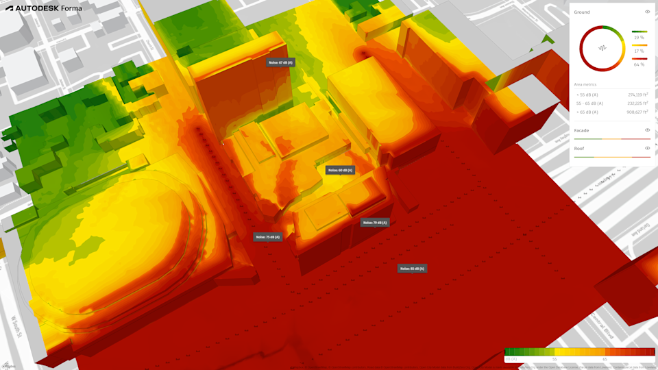 Forma’s noise analysis helped the team see the impact of using the office building to shelter the public space from traffic noise.