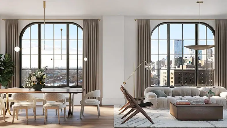 A living room interior is framed by expansive windows with views of the Brooklyn skyline.