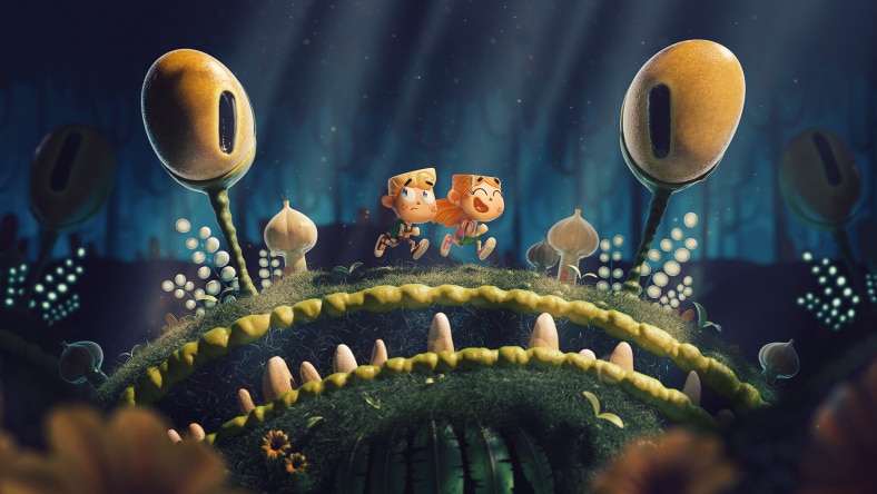 Two characters standing on a fantastical creature with large eyes and teeth in a surreal environment.
