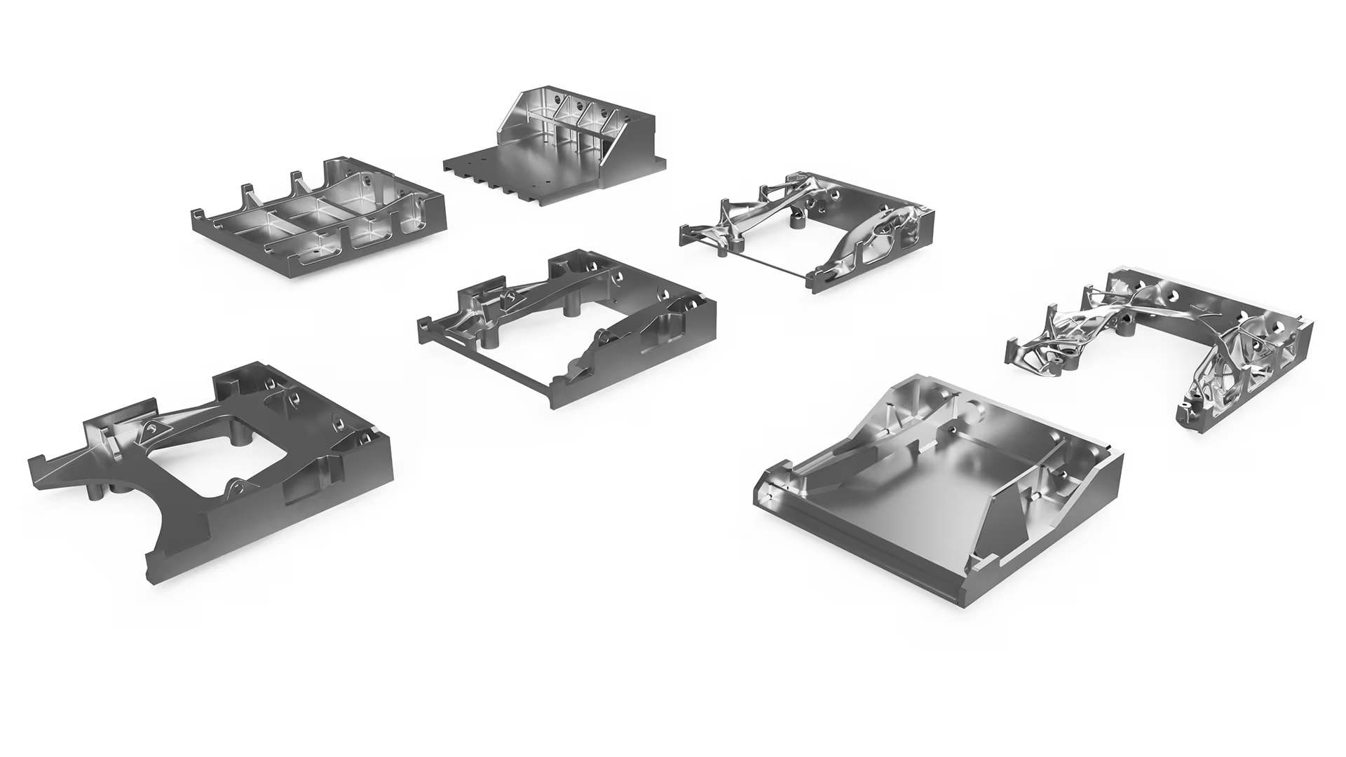 Renderings of 7 different versions of the ETA Cooler transport part, starting from the original version (top row, left).