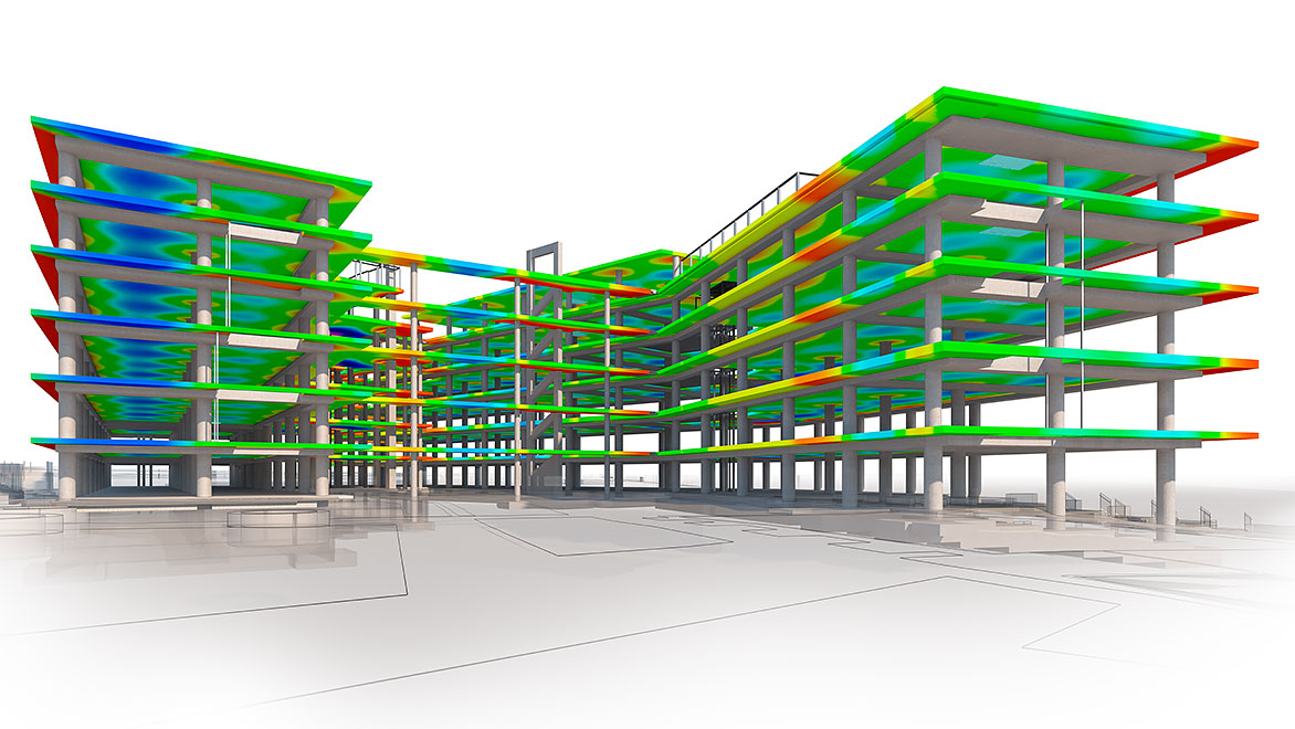 A model of a building with various colors highlighting points of analysis.