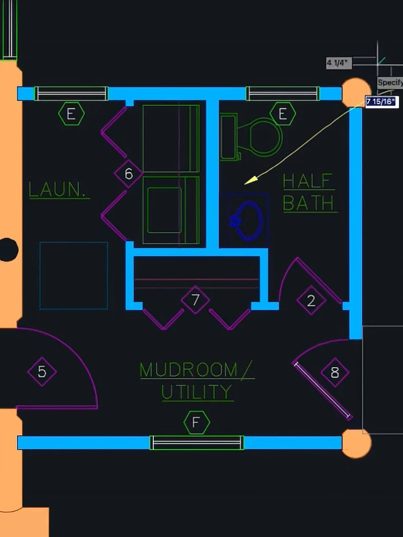 A blueprint of a laundry room, half bath, and mudroom/utility area with labeled zones and fixtures