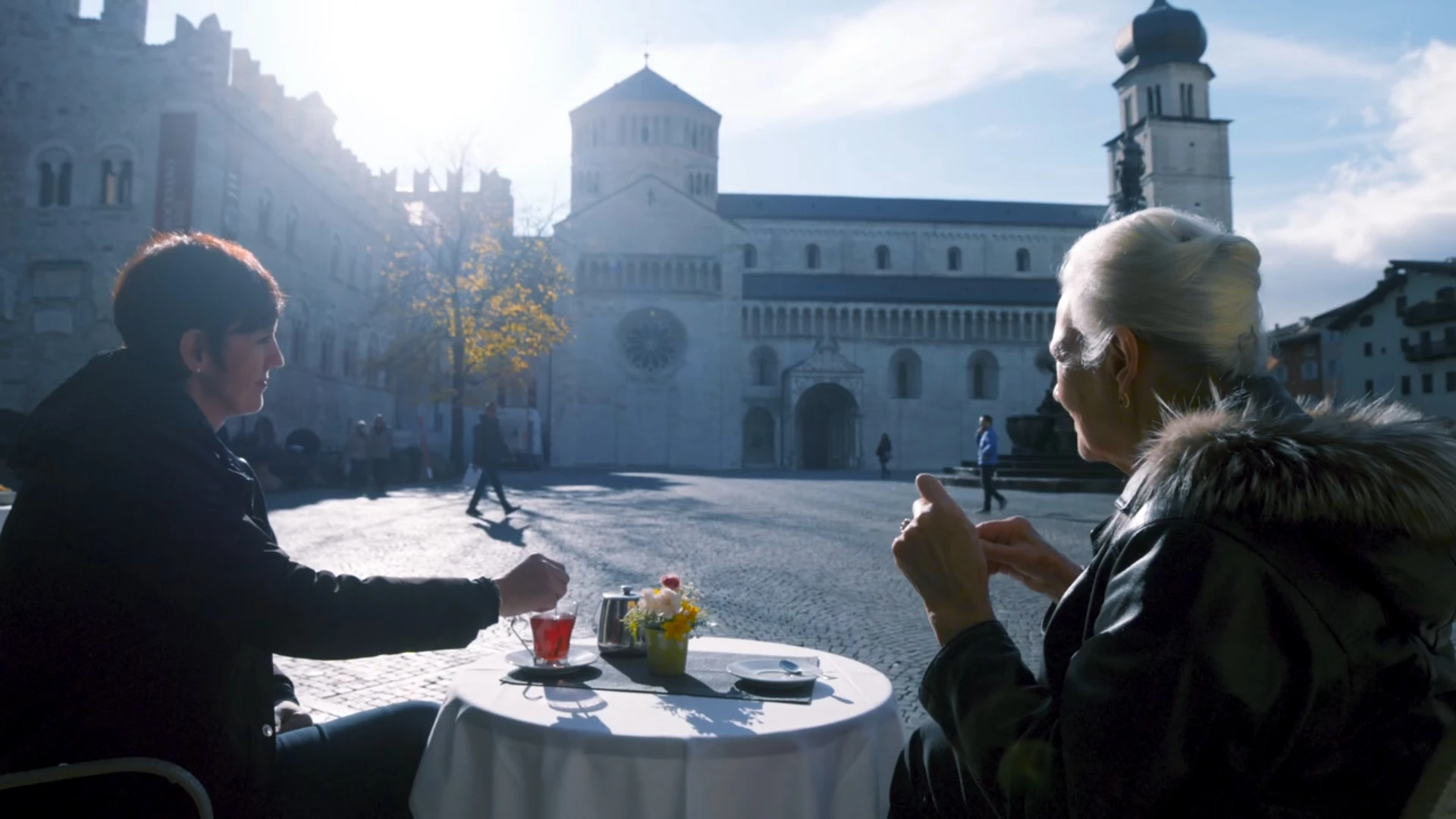 Cinzia Angelini (left) and her mother in the town square of Trento, Italy.