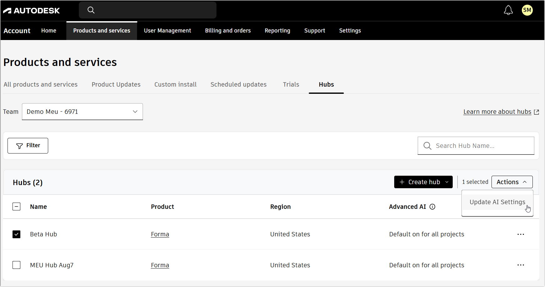 Products and services Hubs page showing Update AI Settings option in Actions.