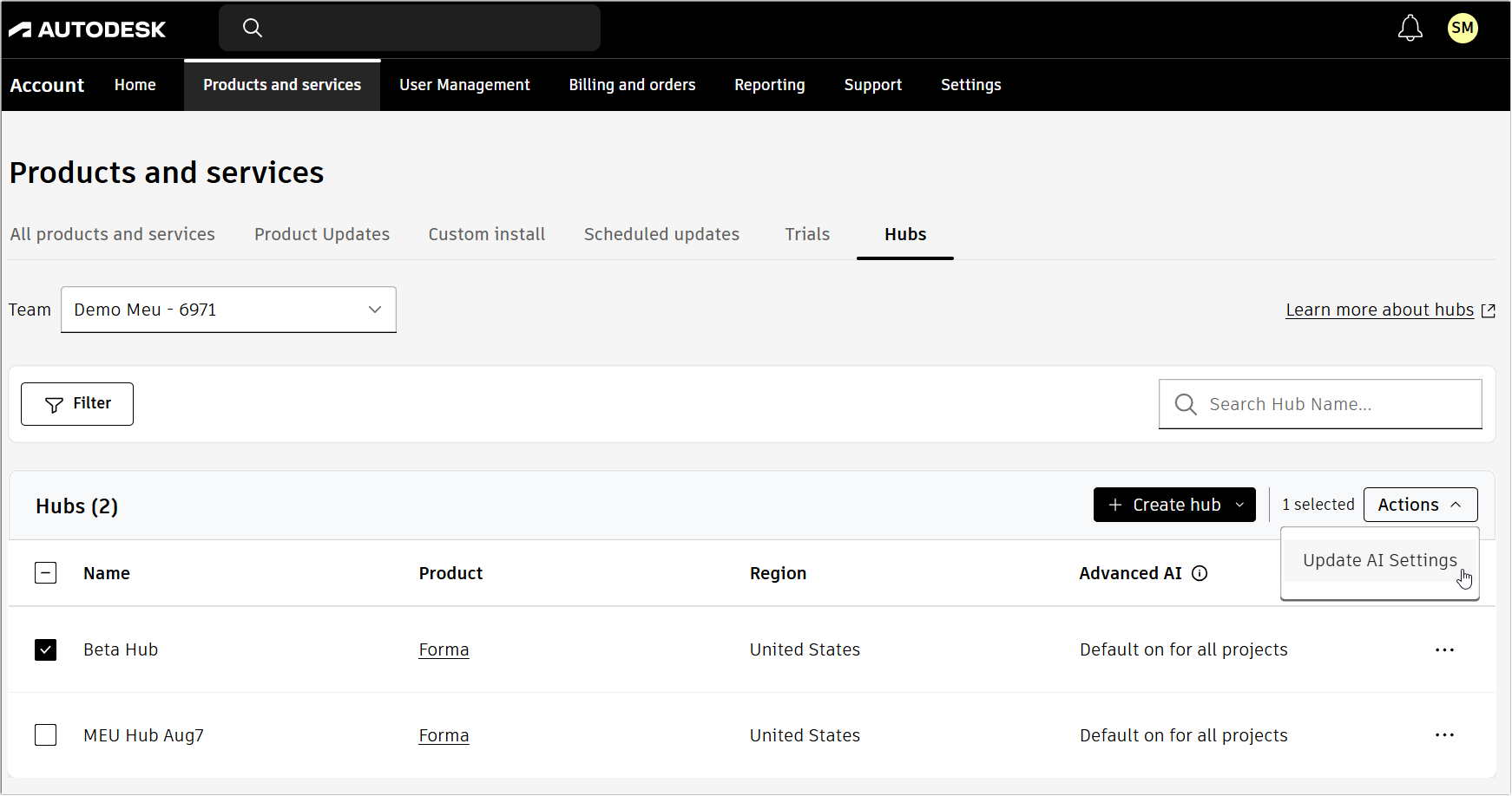 Products and services Hubs page showing Update AI Settings option in Actions.
