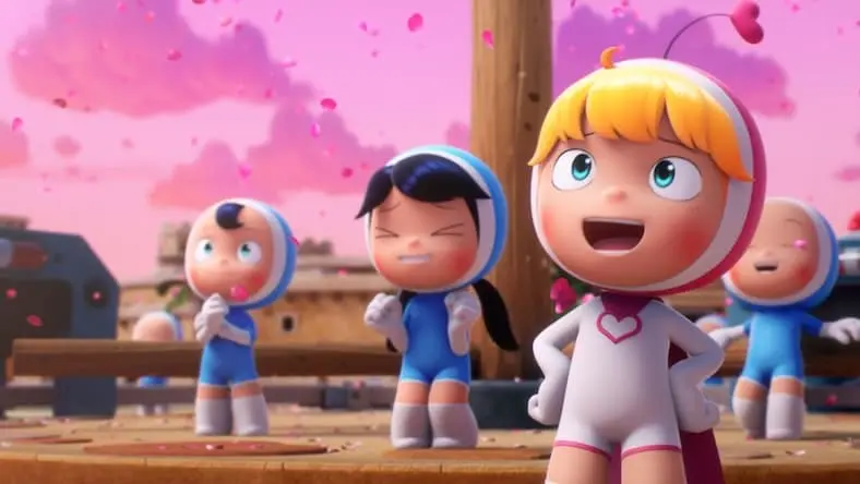 A still from the animated film “Yumi’s Cells” shows happy characters among falling flower petals against a pink sky.