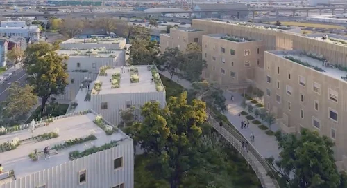 Aerial view of Project Phoenix modular housing in Oakland, CA.