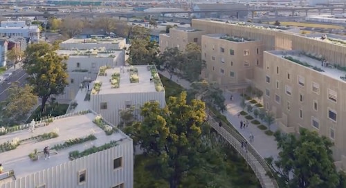 Aerial view of Project Phoenix modular housing in Oakland, CA.
