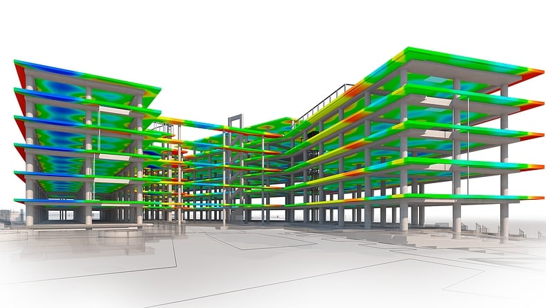 3D rendering of a building design showing structural steel and stress analysis