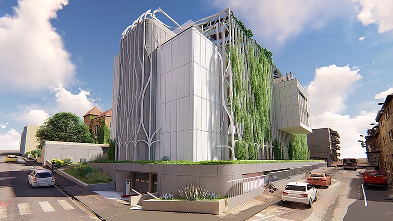 A rendering of a building highights biophilic features.