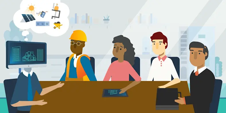 Illustration of various office and jobsite workers at a conference table