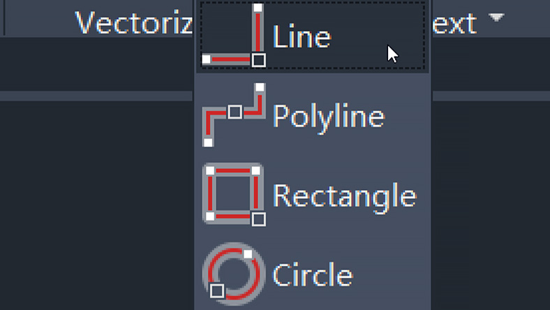 Dropdown menu in AutoCAD showing options: Line, Polyline, Rectangle, and Circle with respective icons.