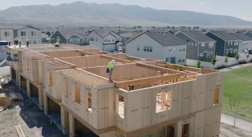 View from above of people construction workers building a structure.