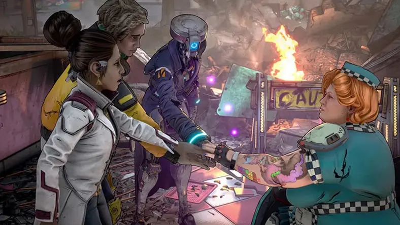 Game characters touch arms in an apocalyptic landscape