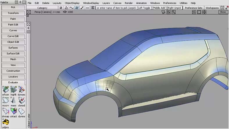 A 3D model of a car is being designed in CAD software.