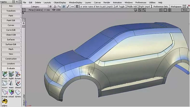 A 3D model of a car is being designed in CAD software.