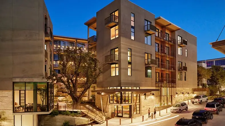 The Hotel Magdalena in Austin, Texas was built using mass timber materials.