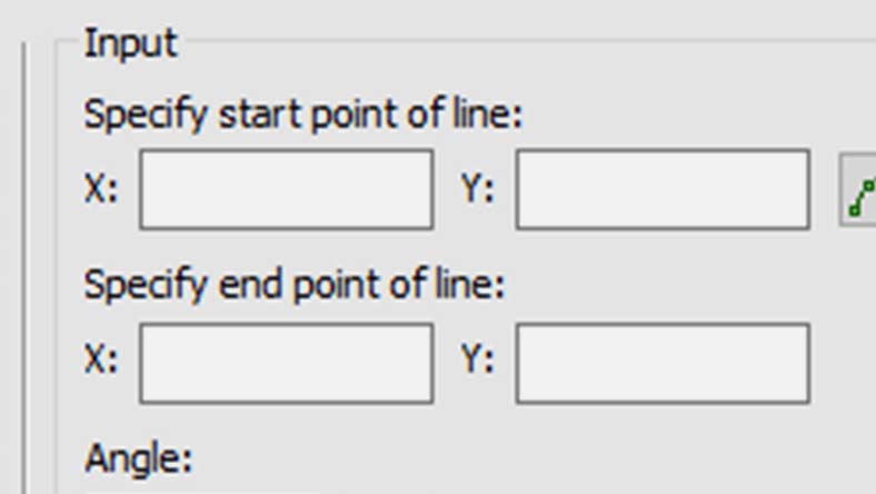 Input fields to specify start and end points (X, Y) of a line, with an additional field for angle adjustment.