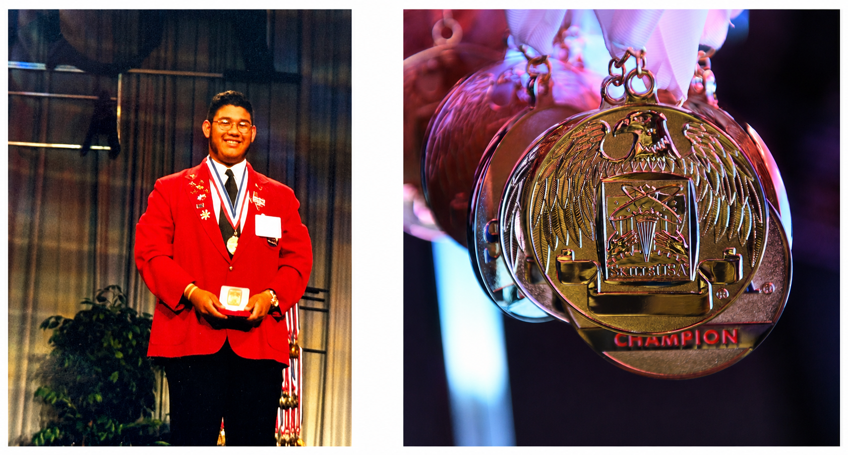 Drew Moncada receiving his silver medal at NLSC in 2001 (left). Current SkillsUSA medals, courtesy of SkillsUSA (right).