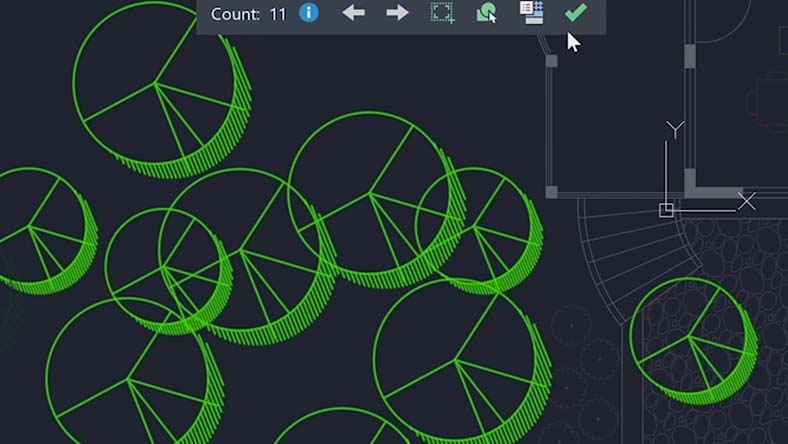 AutoCAD interface showing green circular tree symbols with a count tool displaying Count: 11 and selection options.