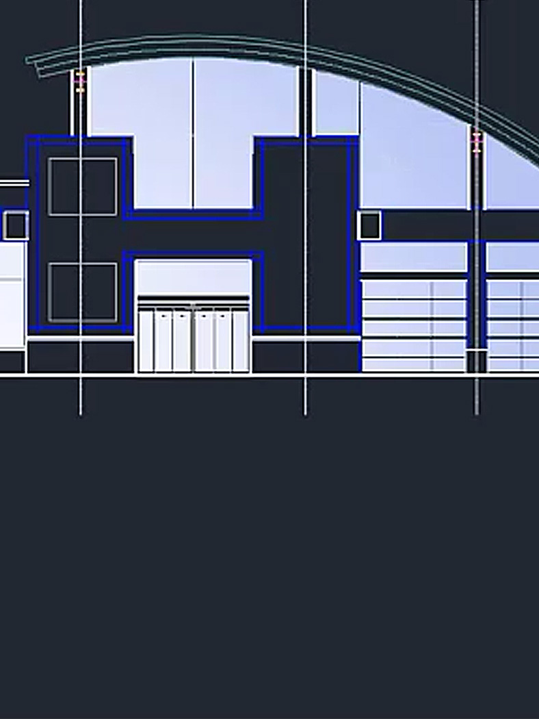 Architectural drawing of a building facade with curved roof, large windows, and symmetrical design elements.