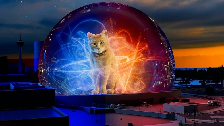 A 3D rendering shows the exterior of Sphere in Las Vegas displaying a giant ginger cat in an ad for Marvel Studios’ The Marvels.