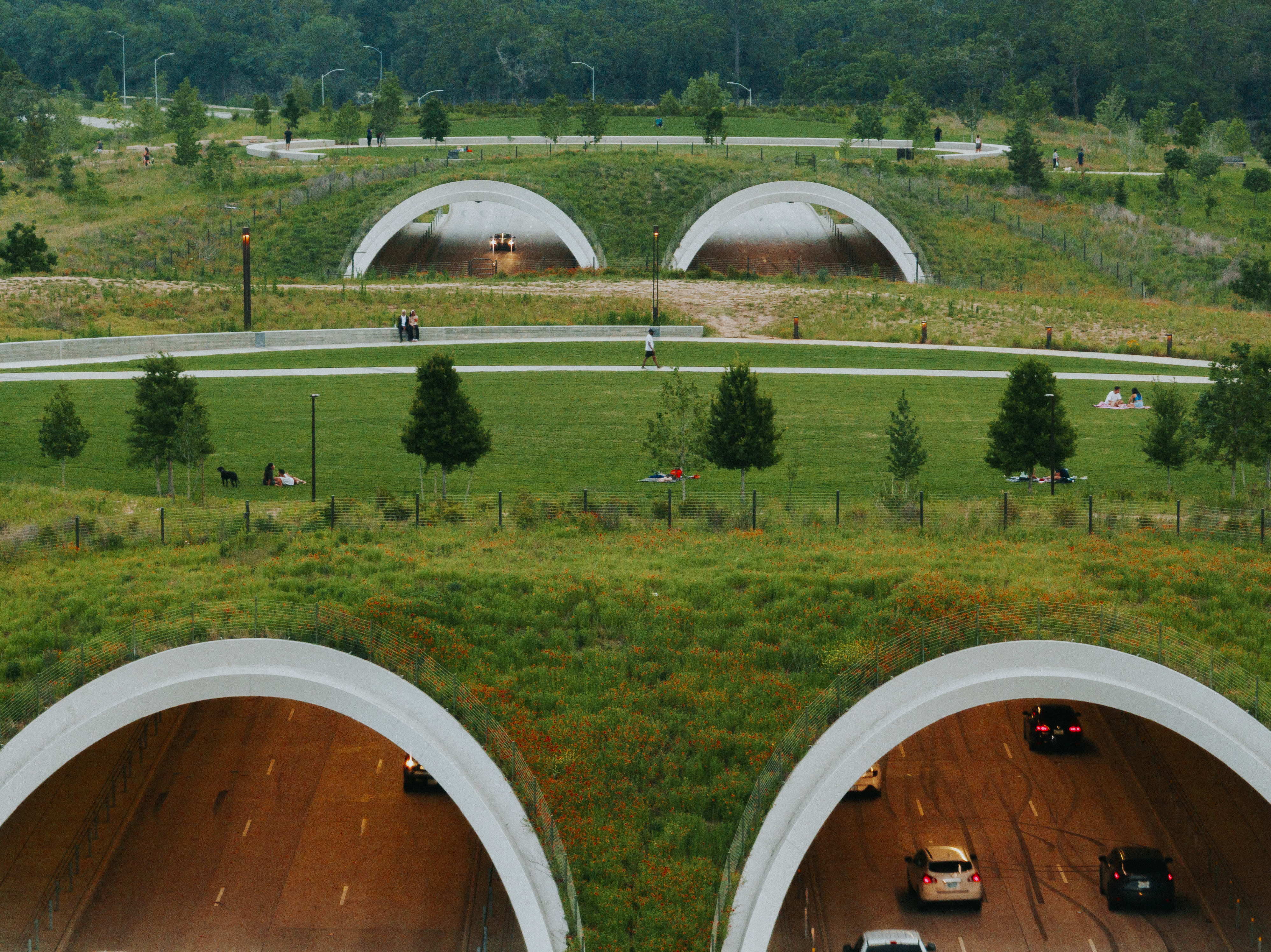 View of top of Kinder Land Bridge with traffic going through tunnels