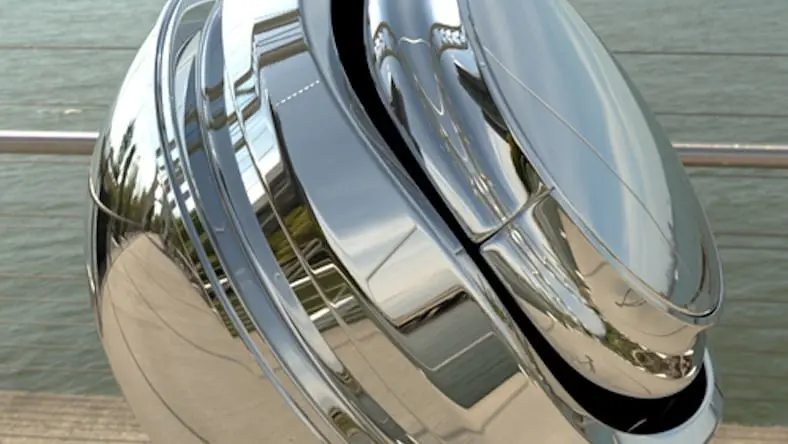 3D rendering of a metal object with reflective surfaces