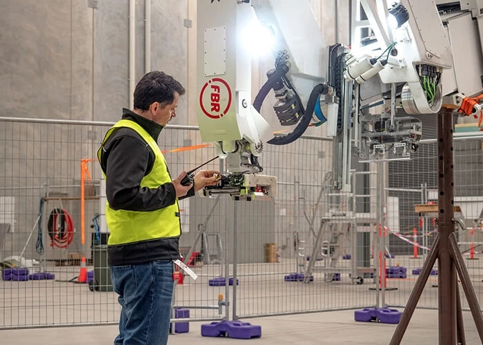 bricklaying robot fbr employee cosimo santella doing dynamic stability testing